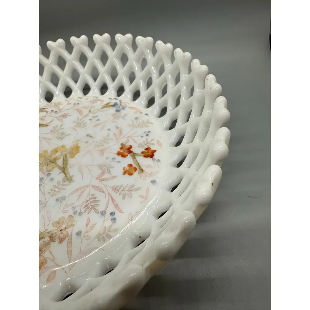 Vtg. Milk Glass Painted Floral Bowl Basket weave Lattice Fruit Compote Open Lace